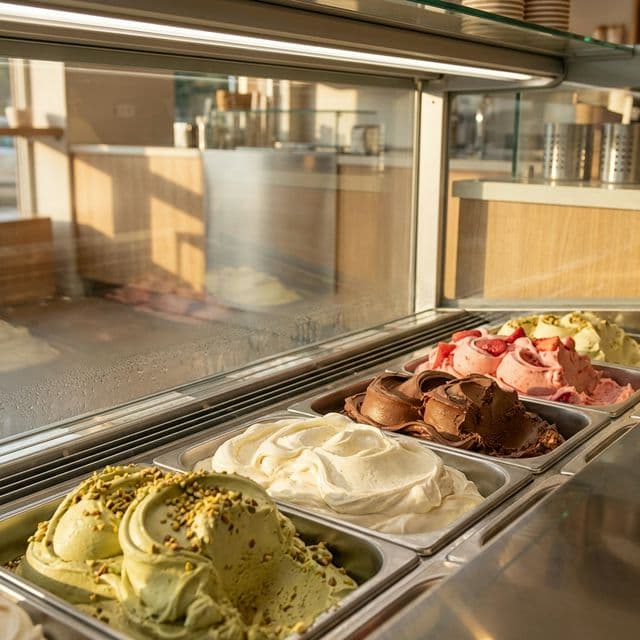 Glaces artisanales dans un présentoir