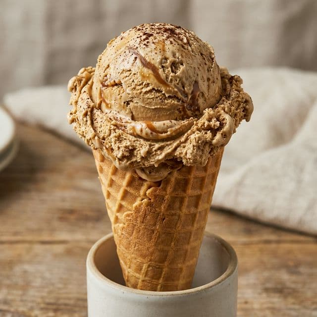 Une belle boule de glace café maison onctueuse sur un cornet gaufré