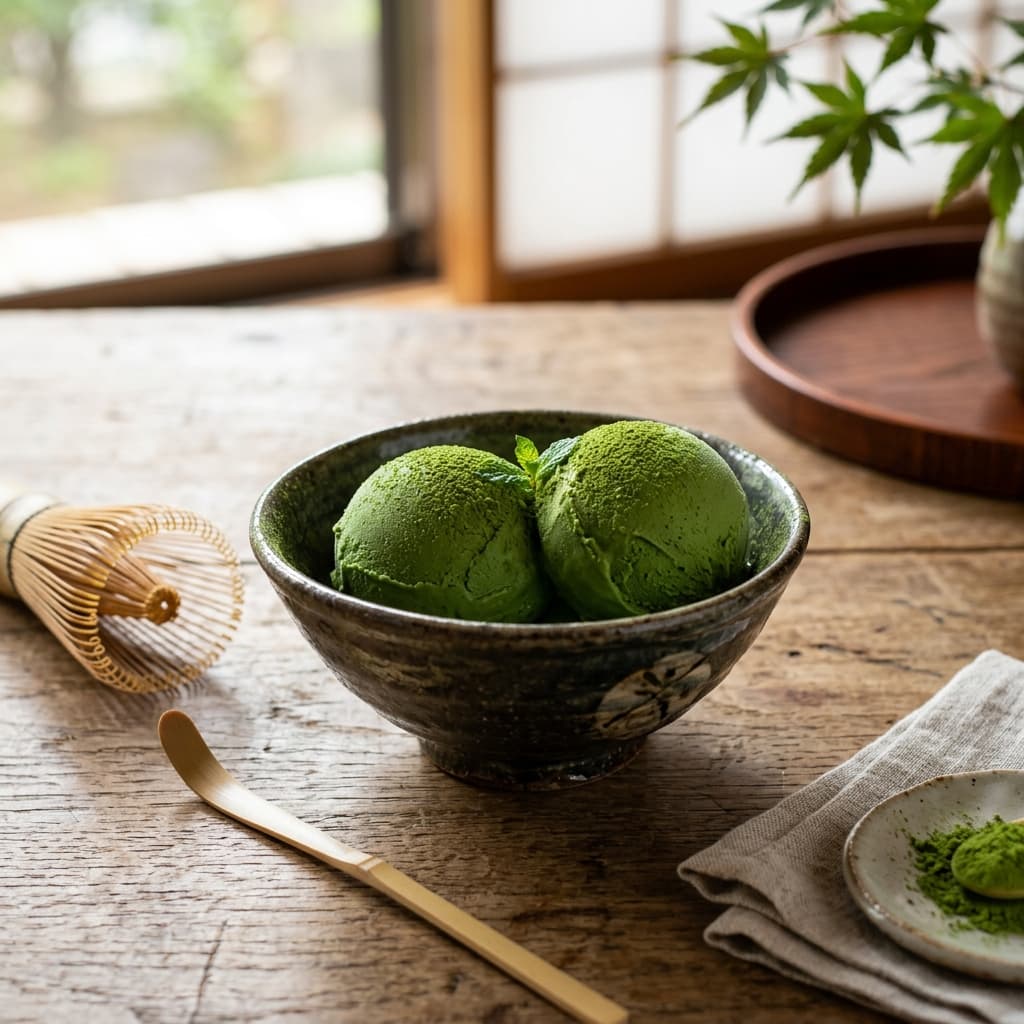 Glace matcha maison authentique servie dans un bol japonais